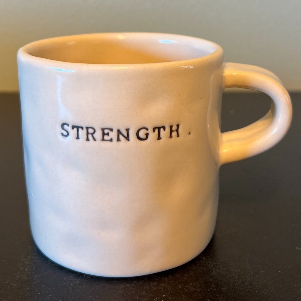 Rae Dunn By Magenta Dimpled Coffee Cup Mug Typewriter Font Single Word STRENGTH.